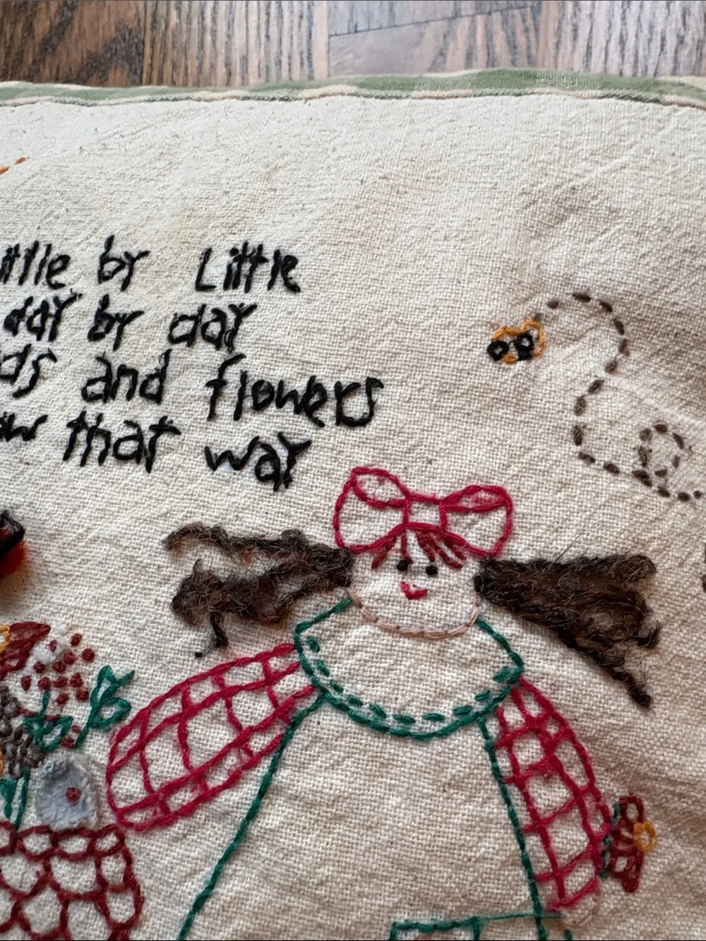 Vintage handmade embroidered friendship country cat pillow
